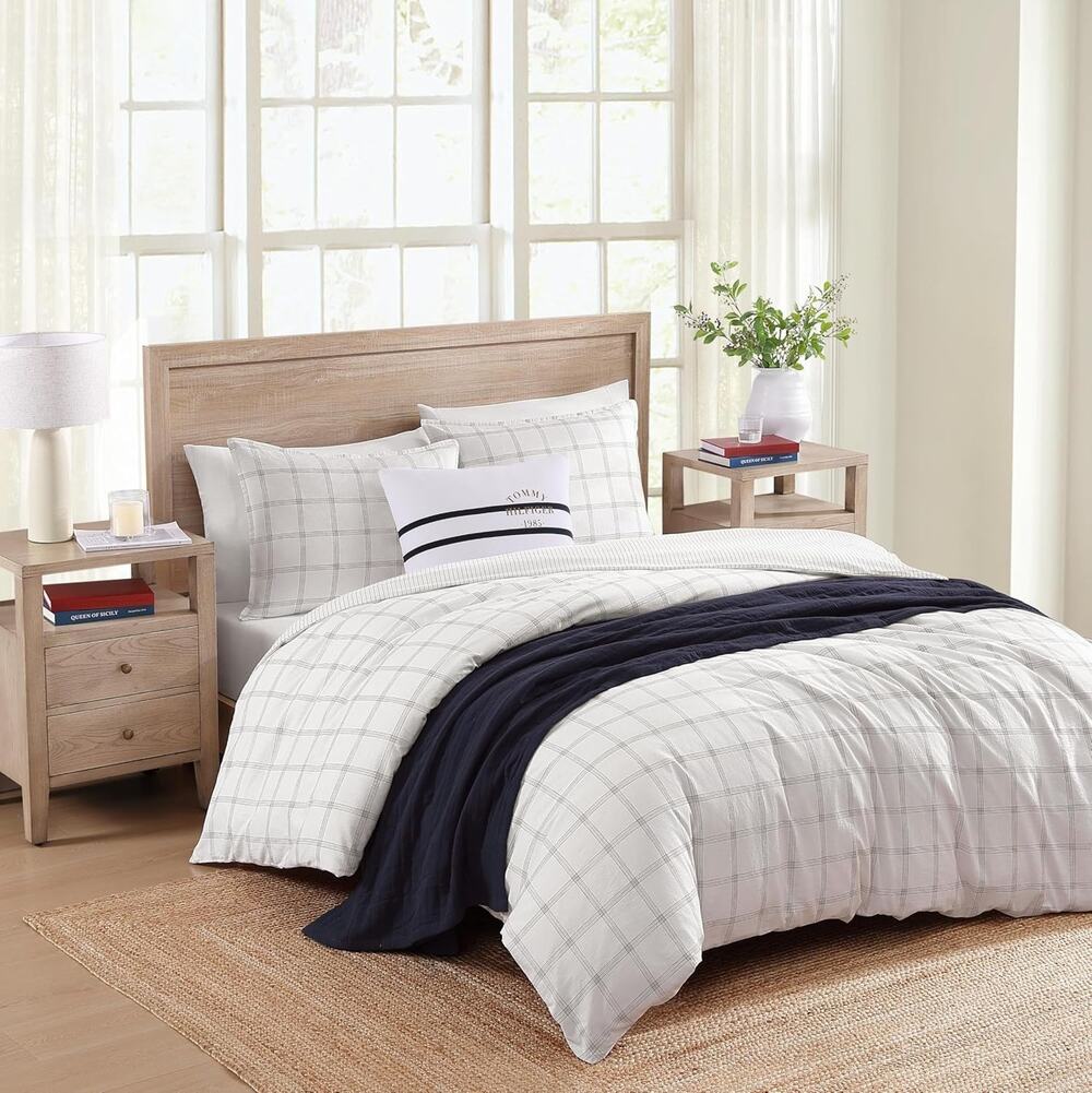 Tommy Hilfiger Modern Windowpane Full Queen Comforter Set 3pc Cotton NEW